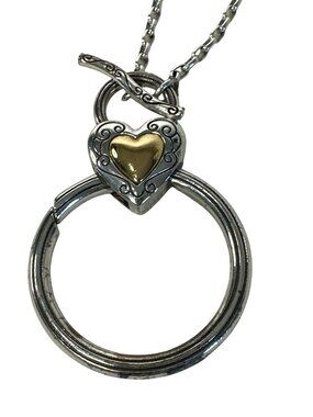 Brighton Silver Tone Heart Toggle Necklace Round Pendant Charm 34" Long